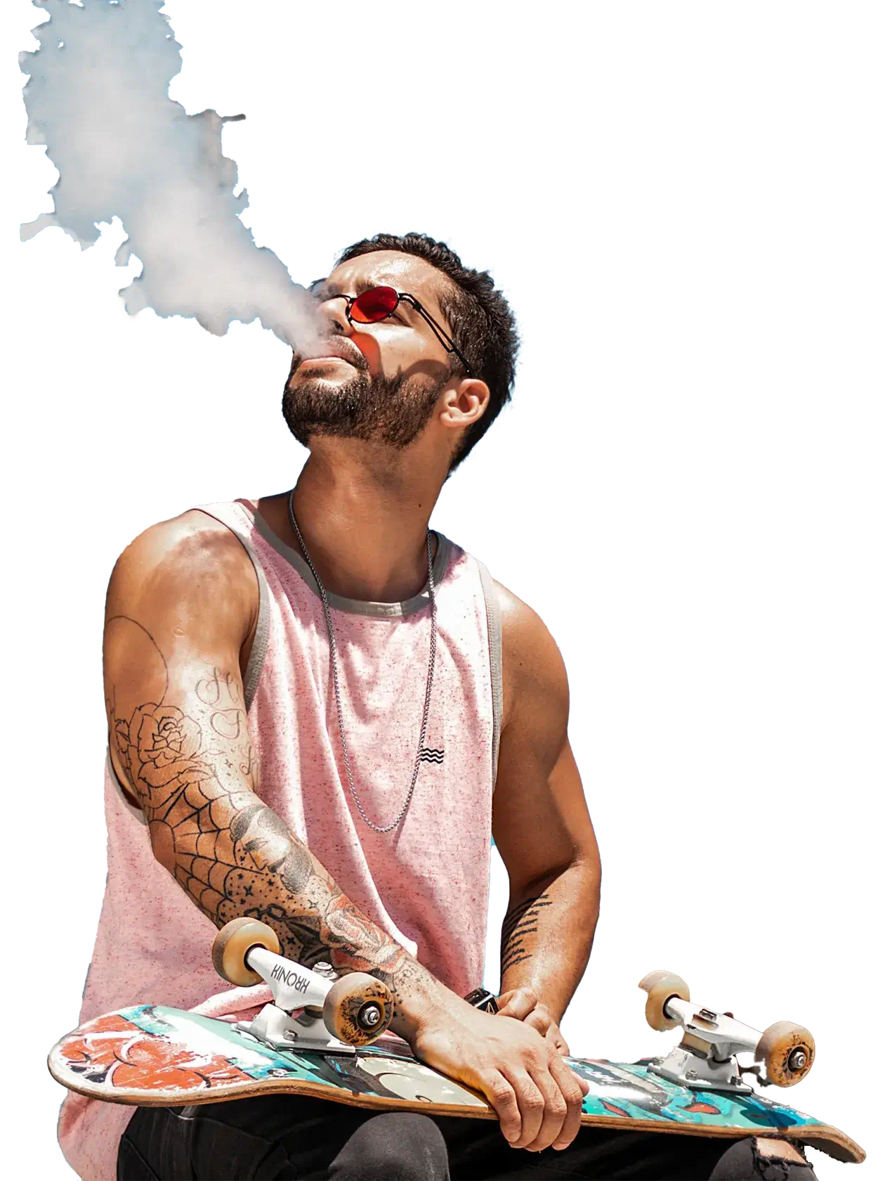 一位手持滑板、佩戴墨鏡的潮流玩家正在享受大煙霧 Vaping,代表 Salt-Shaqonline 充滿活力的會員社群。邀請您訂閱電子報,獲取台灣電子煙獨家優惠。