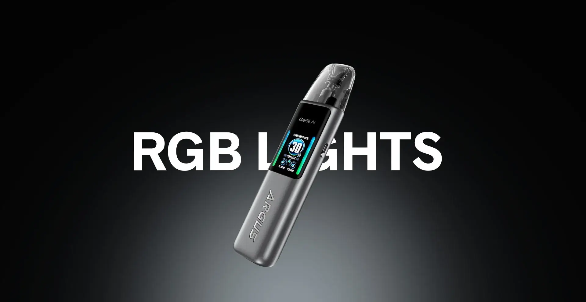 VOOPOO ARGUS G2 產品特色橫幅。深色背景凸顯 "RGB LIGHTS" 特效文字，展示機身 0.96 吋 TFT 彩色螢幕的炫彩 UI 介面與互動燈效。