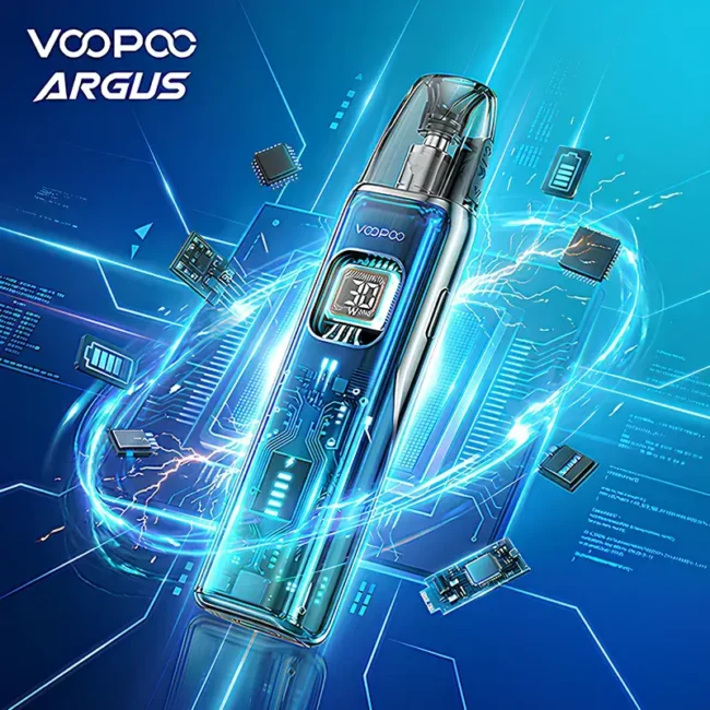 VOOPOO ARGUS Matrix - 探索未來感透明小煙主機 (1350mAh) VOOPOO ARGUS Matrix 阿格斯 Matrix 電子煙主機形象主圖。展示透明機身設計、內部晶片結構與數位顯示螢幕,背景為藍色科技電流特效,強調 1350mAh 大電池與 30W 強勁輸出。