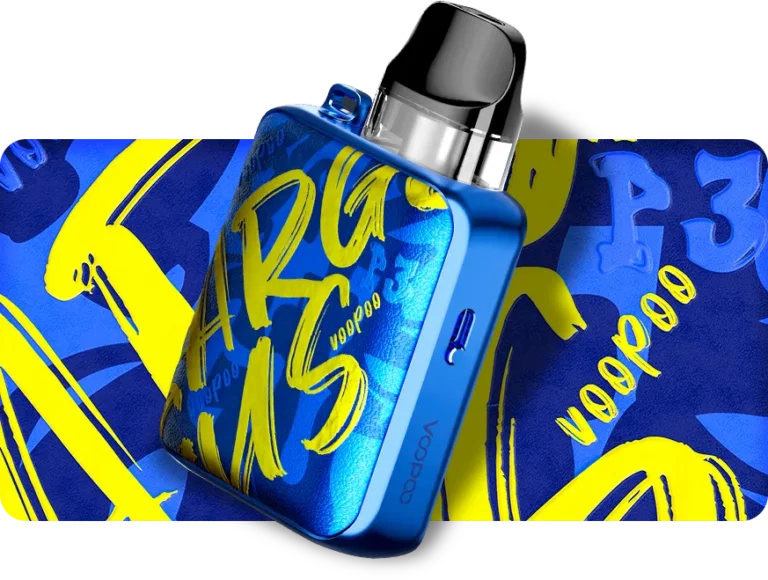 台灣電子煙「主機/煙桿」分類形象圖,展示 VOOPOO Argus P1 藍色塗鴉款小煙主機。代表商城匯聚 RELX、OXVA 等全球頂尖品牌的高性能換彈式設備。