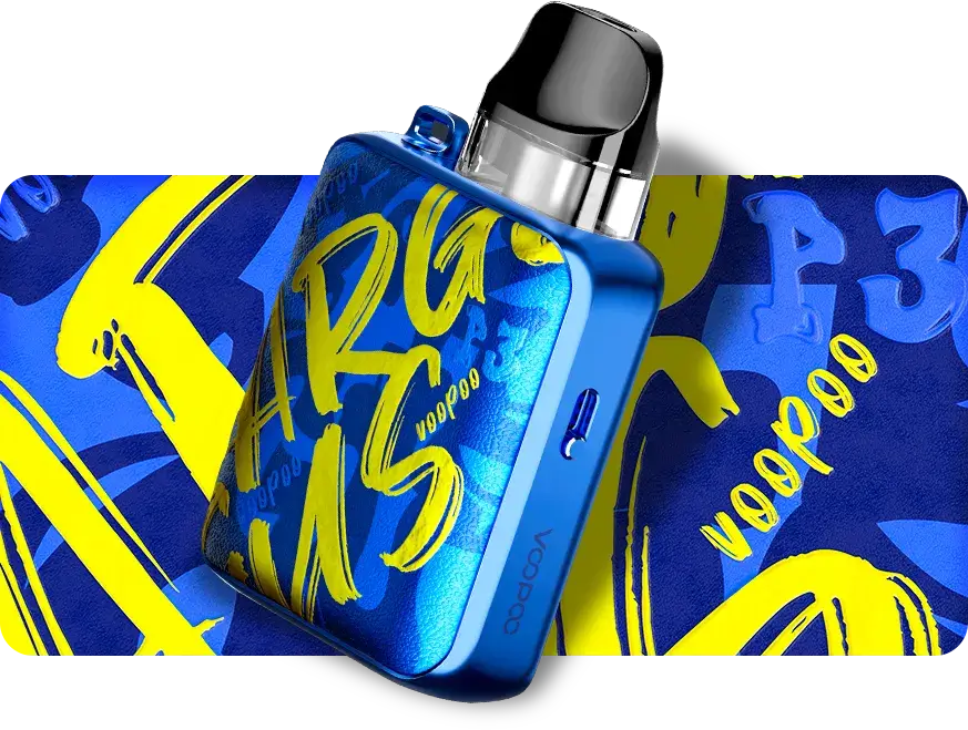 台灣電子煙「主機/煙桿」分類形象圖，展示 VOOPOO Argus P1 藍色塗鴉款小煙主機。代表商城匯聚 RELX、OXVA 等全球頂尖品牌的高性能換彈式設備。