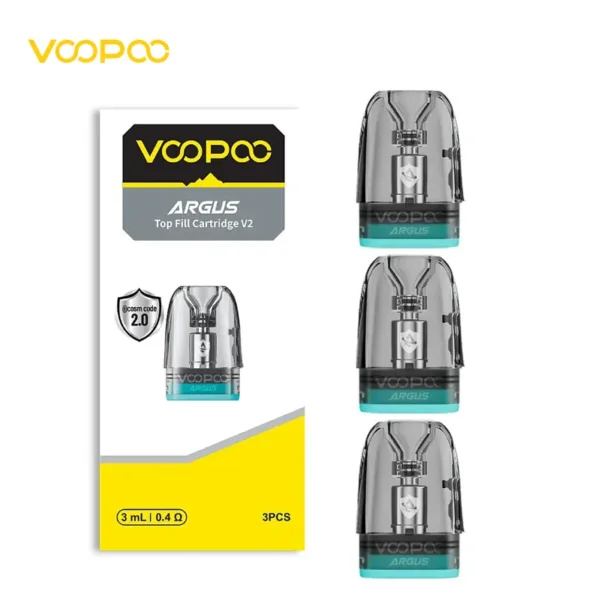 VOOPOO ARGUS Top Fill Cartridge V2 阿格斯頂部注油煙彈主圖。展示 3mL 大容量空煙彈與包裝，規格為 0.4Ω (歐姆)，搭載 iCOSM CODE 2.0 技術，適用於 Argus G2/P2 等主機。