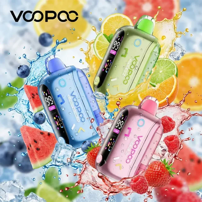 VOOPOO REPOP 35K 一次性電子煙主圖。展示其時尚外觀與透明 Crystal Tank 水晶油倉設計。核心賣點包括 35000 口超長續航、標準/強勁雙模式切換系統，以及可顯示電量與油量的智能 LED 顯示屏。Mesh 網狀線圈帶來濃郁口感。