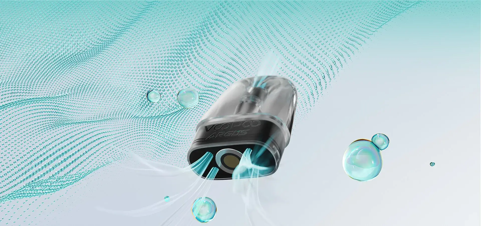 VOOPOO 通用空彈技術橫幅。以抽象的氣流波紋與水珠背景，視覺化展示其優化氣道與防漏結構設計，強調穩定霧化與日常使用不滲漏的特性。