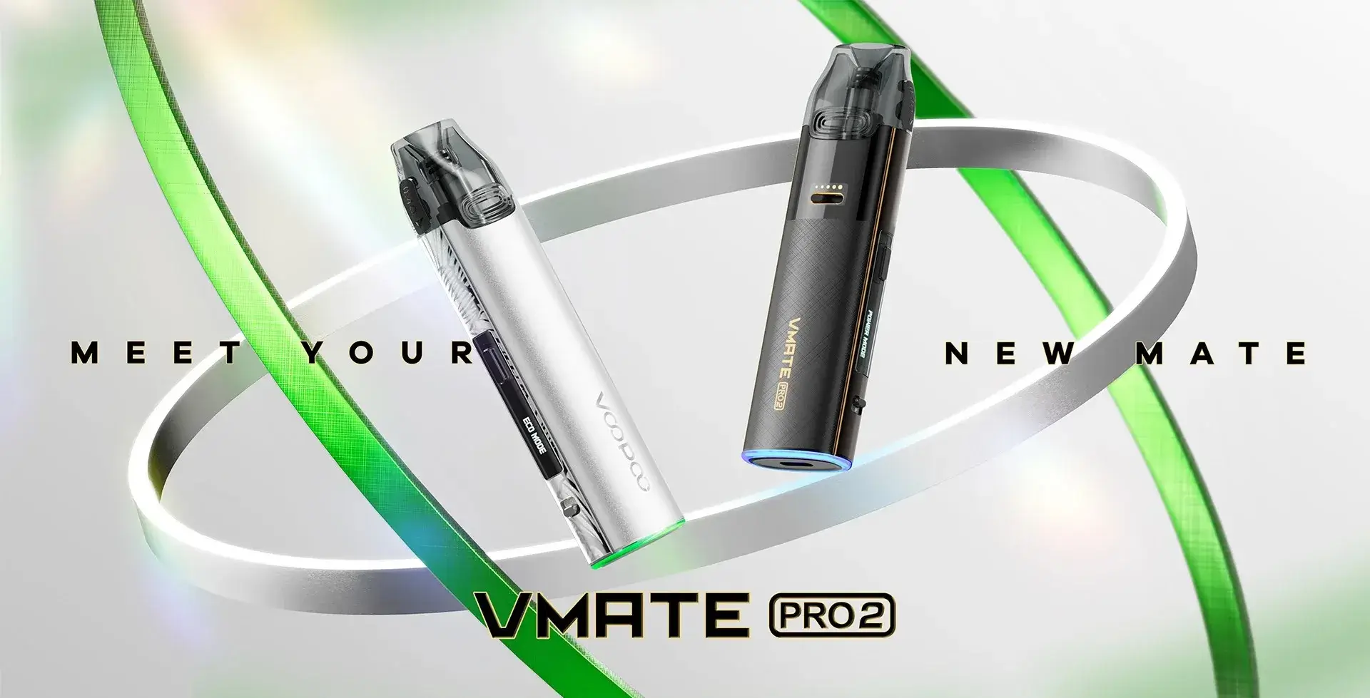 VOOPOO VMATE PRO 2 形象橫幅。展示冰川銀與鎏金黑兩款主機懸浮於空中，環繞綠色光帶象徵全新 ECO 節能模式。背景文字 "MEET YOUR NEW MATE" 宣告新一代長續航小煙登場。