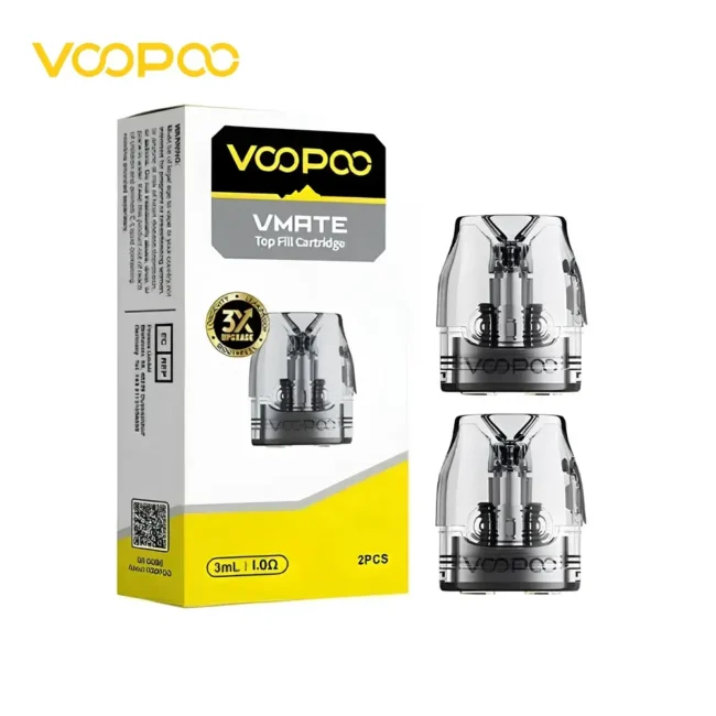 VMATE 頂部注油煙彈 (3mL / 1.0Ω / 2入) - 3X升級版 VOOPOO VMATE 頂部注油煙彈主圖。展示 2顆裝包裝盒與實物,規格為 3mL 大容量與 1.0Ω (歐姆) 阻值。包裝上有金色 "3X UPGRADE" 升級標識,適用於 VMATE E/PRO2 等主機。