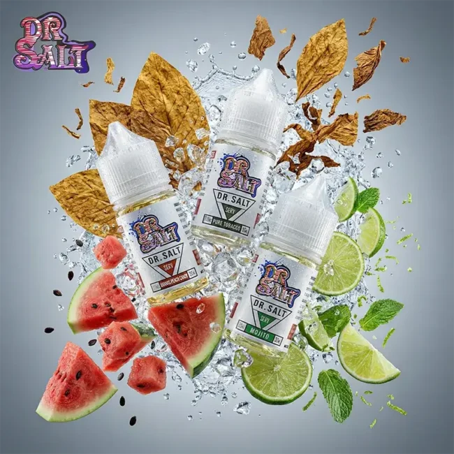 Dr.SALT 鹽博士一代全系列尼古丁鹽煙油主圖。展示三款熱銷口味瓶身：PURE TOBACCO (純煙草)、MOJITO (莫吉托) 與 WATERMELON PEACH CANDY (西瓜冰)。背景為動態水花與冰塊飛濺，伴隨煙草葉、西瓜片、檸檬與薄荷葉，強調其豐富多元的口味與清涼口感。