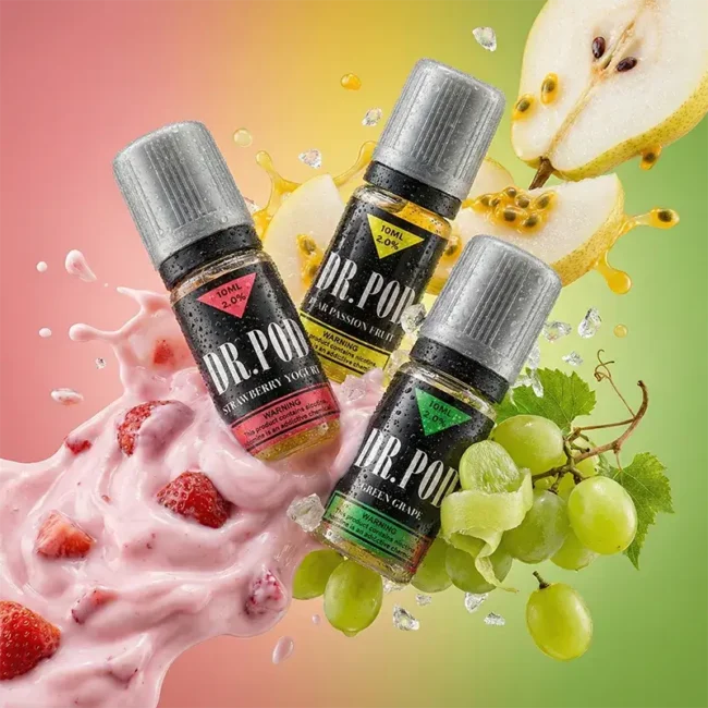 Dr.SALT 鹽博士三代 (DR.POD) 系列尼古丁鹽煙油主圖。畫面展示 3 瓶 10mL 小包裝煙油（拍一發三組合），包含鐵觀音、青提與草莓優酸乳口味瓶身。包裝上印有 "LBS 技術" 與 "DR.POD" 標識。