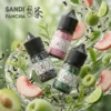 日本 SANDI FANCHA 梵茶系列尼古丁鹽煙油主圖。展示三款熱銷茶飲口味瓶身：烏龍茶 (Oolong)、白桃烏龍 (White Peach Oolong) 與梅梅綠茶 (Plum Green Tea)。背景伴隨動態水花、新鮮茶葉、蜜桃與青梅，強調清新擬真的茶香特色。