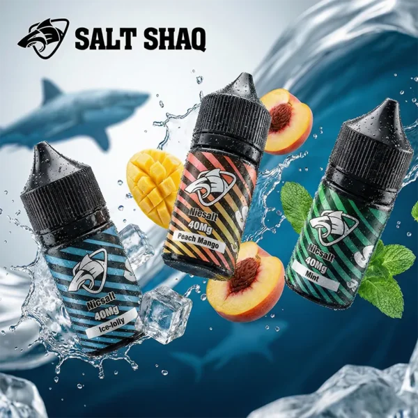 SALT SHAQ 鯊克煙油 - 30mL 全口味大合集 SALT SHAQ 鯊克系列尼古丁鹽煙油全口味合集主圖。展示眾多 30mL 瓶裝不同口味的煙油排列,包含熱銷的水果、茶飲與煙草系列,呈現完整的產品陣容。