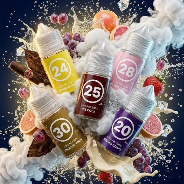AIRSCREAM 313 英國氣泡煙油 30ml 尼古丁鹽主圖。畫面展示五款帶有數字標籤的煙油瓶，清晰標示 4.0% Nic Salts。周圍環繞著飛濺的氣泡飲料、絲滑的乳白色液體、冰塊與濃郁白霧。背景點綴著雪茄菸葉、新鮮葡萄、草莓與葡萄柚，完美呈現其 40mg 丁鹽的異國特調與豐富水果混搭風味。專為小煙設備優化。