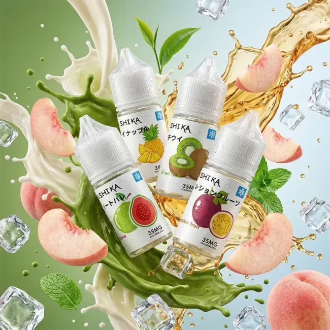 日本原裝 Arashika 蓋亞 30ml 尼古丁鹽煙油主圖，展示 35mg 高濃度京都茶道系列。畫面包含紅心芭樂、鳳梨、酸奇果與百香果口味瓶身，融合抹茶噴濺、新鮮白桃、薄荷葉與冰塊視覺，強調細膩茶香、柔和果韻與清新冰感的日系美學體驗