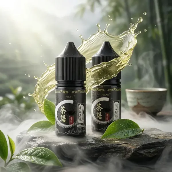 茶語煙油 (30ml/40mg) - 清心烏龍明星口味 台灣高山茶原葉萃取【茶語煙油】主圖,展示兩瓶 30ml 40mg 清江烏龍 (Qingjiang Oolong) 丁鹽茶香菸油,周圍環繞著現泡茶葉與潑濺水花。專為小煙替菸設計。