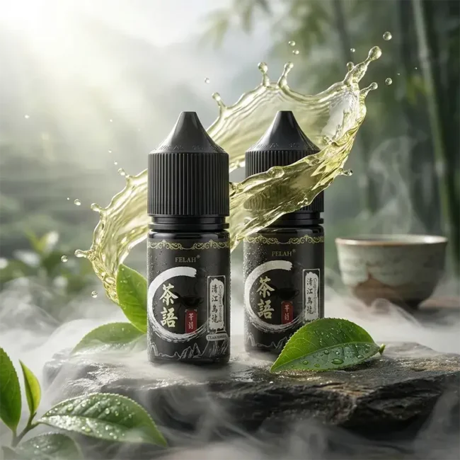 台灣高山茶原葉萃取【茶語煙油】主圖，展示兩瓶 30ml 40mg 清江烏龍 (Qingjiang Oolong) 丁鹽茶香菸油，周圍環繞著現泡茶葉與潑濺水花。專為小煙替菸設計。