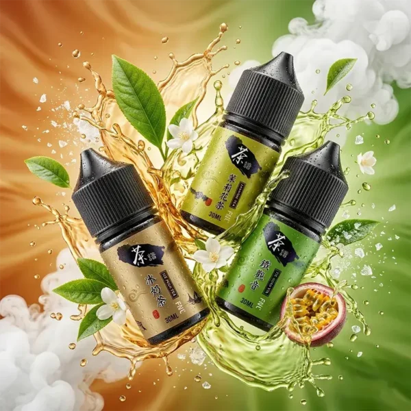 茶譜煙油 - 50mg 極致解癮微涼茶香系列 茶譜煙油 30ml 尼古丁鹽主圖,展示 50mg 高濃度微涼茶香系列。畫面包含冰奶茶、茉莉花茶與鐵觀音口味瓶身,環繞真實茶葉、冰塊、百香果、白花與茶湯飛濺的視覺效果,強調極致還原的純正茶飲口感與強烈解癮體驗。
