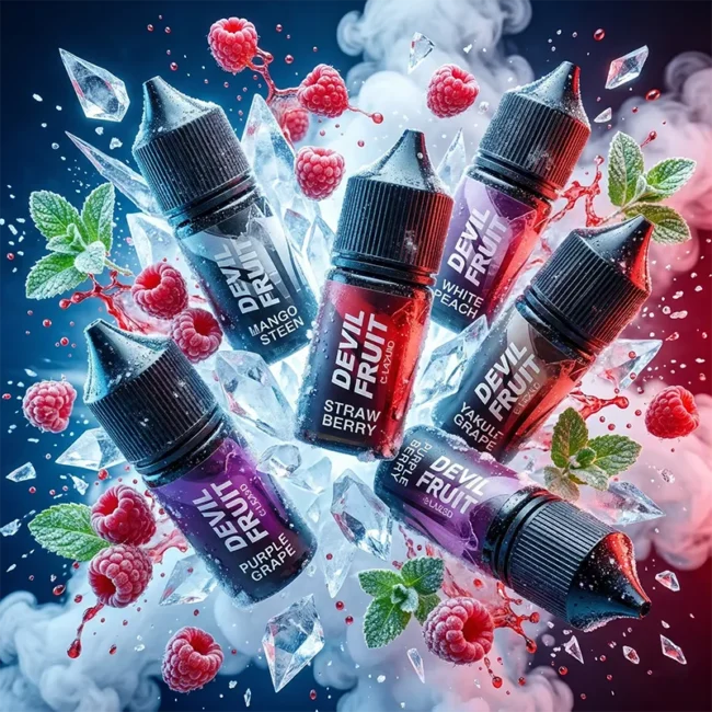 澳洲原裝 DEVIL FRUIT 惡魔之吻煙油主圖。畫面展示深色高階質感瓶身，環繞飛濺的紅樹莓汁液、新鮮果實、冰塊、薄荷葉與綿密的白色煙霧視覺，強調原汁級天然酸甜與極致冰爽口感，70% 高 VG 配比，專為大煙霧玩家打造的酸味之王。