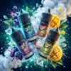 鹽博士出品 Dreamland Jungle 叢林幻境 30ml 尼古丁鹽煙油主圖。四款帶有魔幻字體標籤的黑色針管瓶懸浮於深藍色神秘背景中。周圍環繞著新鮮飽滿的藍莓、切花芒果、去殼荔枝、晶瑩冰塊與綿密白霧，視覺張力極強。強調其 30mg 順滑丁鹽技術與真實水果萃取的極致風味。專為小煙設備優化。