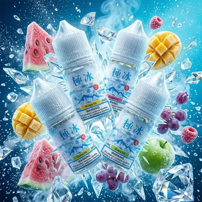 極冰超涼煙油 - 36mg 極致解癮高丁鹽系列 極冰超涼 30ml 尼古丁鹽煙油主圖,展示 36mg 高濃度極致涼感系列. 畫面包含莓果、葡萄、檸檬、鳳梨與百香果口味瓶身,環繞飛濺的冰鎮碎冰、雪花與白色濃郁煙霧,強調瞬间降溫 3°C 的極涼口感與高效解癮體驗。專為小煙設備打造.
