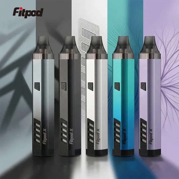 Fitpod X Slyeek 3 斯萊克三代注油式電子菸主機全部顏色合集實拍圖，展示黑色、銀色、綠藍、灰黑、紫色五款漸層金屬機身，新手入門與老玩家升級推薦首選。