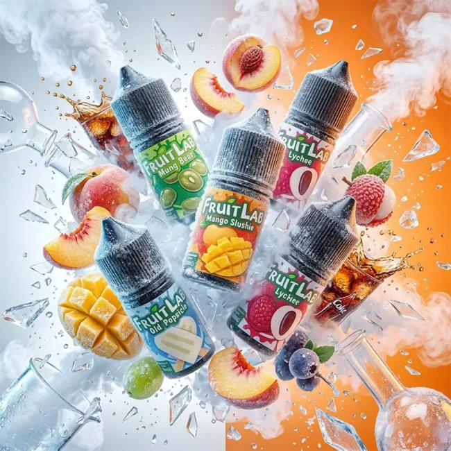 FruitLab 水果實驗室 尼古丁鹽煙油合集主圖。多個帶有不同口味標籤（綠豆、荔枝、芒果、老冰棍、可樂）的黑色瓶子（30ml/30mg）懸浮於充滿冰塊、飛濺果汁、濃郁白霧與實驗室玻璃器皿的魔幻背景中。強調其專為小煙設備優化的順滑丁鹽配方與令人難以抗拒的冰爽果香體驗。現正推出買五送一優惠，替煙過渡首選。