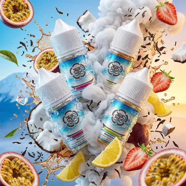 富士山檸檬果茶煙油 30ml 尼古丁鹽主圖。四瓶帶有富士山標誌的煙油懸浮空中，周圍被新鮮百香果、檸檬切片、草莓、椰塊、原片茶葉、飛濺的茶湯與晶瑩冰塊環繞。背景為壯麗的富士山與濃郁白霧，完美展現其 36mg 高濃度順滑丁鹽的清新茶飲風味與冰感爆珠體驗。現正推出買五送一優惠，小煙解癮首選。