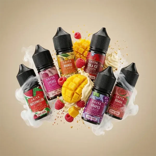 GAIYA 蓋亞 30ml 尼古丁鹽煙油主圖，展示 35mg 高濃度水果系列風味。瓶身環繞柔順煙霧視覺，強調高 VG 配方的低喉嚨刺激感與豐富蒸氣體驗. 新手友好且具有高效解癮效率。