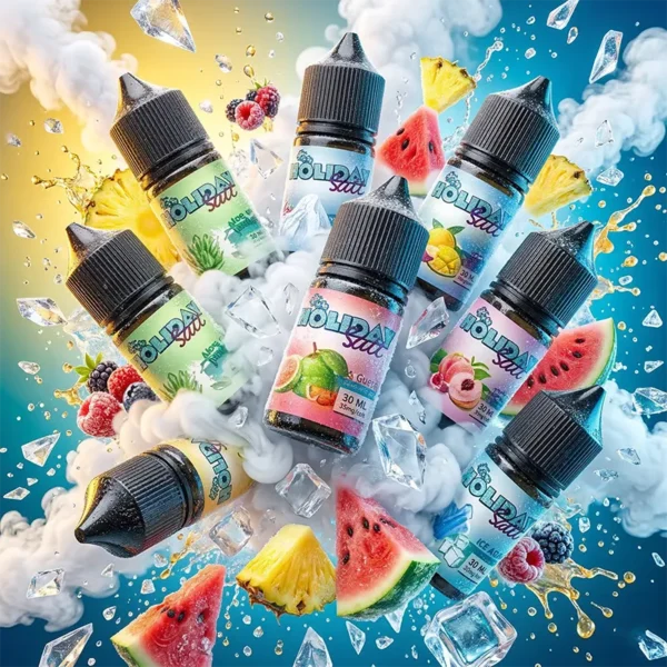 HOLIDAY SALT 假日鹽煙油 - 番石榴水果冰 30ml HOLIDAY SALT 假日鹽 尼古丁鹽煙油主圖。畫面展示多瓶 30ml 番石榴熱帶水果冰口味煙油,瓶身環繞飛濺的西瓜、菠蘿、覆盆子、檸檬與冰塊,強調小煙設備專用,清爽果香口感。