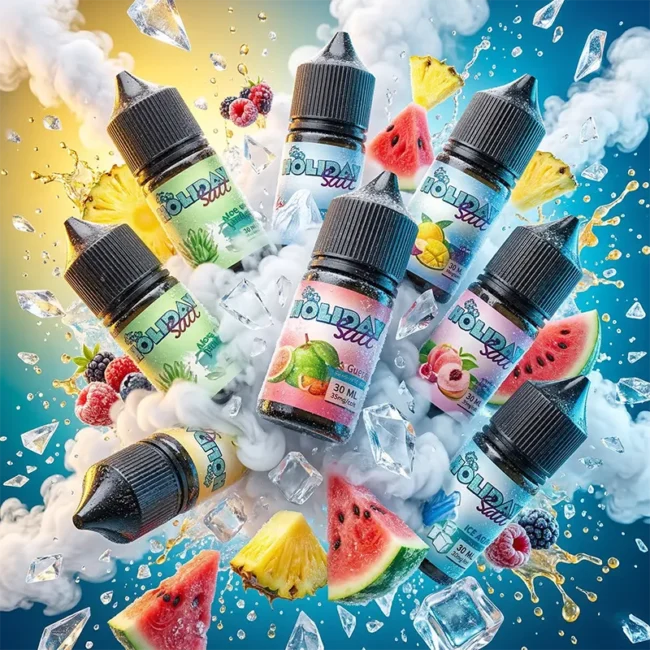HOLIDAY SALT 假日鹽 尼古丁鹽煙油主圖。畫面展示多瓶 30ml 番石榴熱帶水果冰口味煙油，瓶身環繞飛濺的西瓜、菠蘿、覆盆子、檸檬與冰塊，強調小煙設備專用，清爽果香口感。
