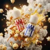 美國原裝 Kernel Popcorn 爆米花煙油 30ml 尼古丁鹽瓶身主圖，展示 38mg 焦糖奶油風味。畫面包含飛濺的濃郁焦糖奶油液體、真實爆米花、焦糖塊與絲滑奶油視覺，強調影院級神級風味還原與高 VG 綿密煙霧體驗，專為小煙設備打造，甜點系玩家懷舊口糧。內含尼古丁