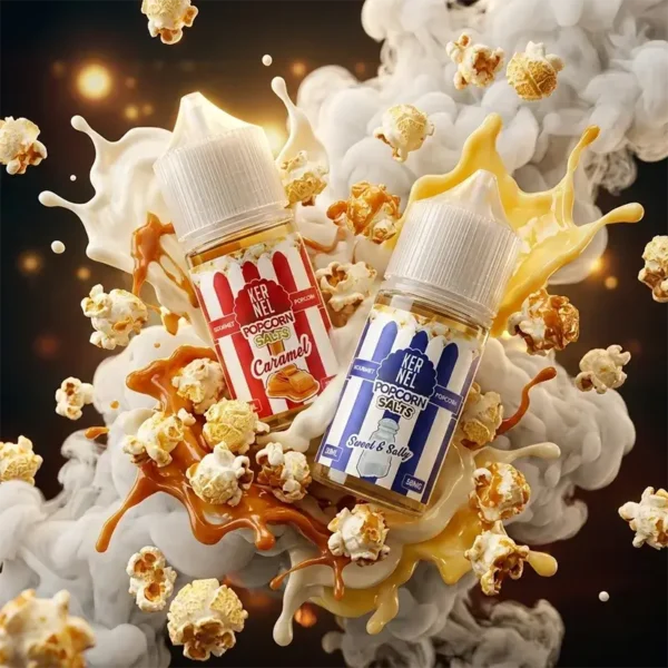 美國原裝 Kernel Popcorn 爆米花煙油 30ml 尼古丁鹽瓶身主圖，展示 38mg 焦糖奶油風味。畫面包含飛濺的濃郁焦糖奶油液體、真實爆米花、焦糖塊與絲滑奶油視覺，強調影院級神級風味還原與高 VG 綿密煙霧體驗，專為小煙設備打造，甜點系玩家懷舊口糧。內含尼古丁