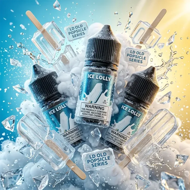 LD 品牌老冰棍 (老冰棍) 尼古丁鹽煙油瓶身特寫主圖。畫面上展示多瓶 LD 老冰棍小煙油，瓶身標籤清晰印有 'LD OLD POPSICLE NIC SALT'、'ICE LLLY' 字樣與雪糕插圖。背景為充滿神秘感的藍色冰晶實驗室場景，帶有 scientific 玻璃瓶與雪糕圖案裝飾，並有 'OLD POPSICLE LAB' 與 'Nicotine Salt Vape Juice' 標示。強調其 30ml/35mg 的溫潤丁鹽配方與經典懷舊的清涼口感。