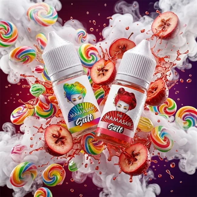 MAMASAN 媽媽桑 30ml 尼古丁鹽煙油主圖。畫面展示帶有女性頭像標誌的瓶身，環繞飛濺的繽紛彩虹糖果 (Skittles)、新鮮山楂果實、冰塊、薄荷葉與綿密的白色煙霧視覺。強調 2026 年進口煙油界黑馬的創新酸甜口感，搭配 40mg 高解癮丁鹽與丁鹽技術，帶來細膩絲滑且極具層次感的味蕾狂歡，專為小煙設備優化。