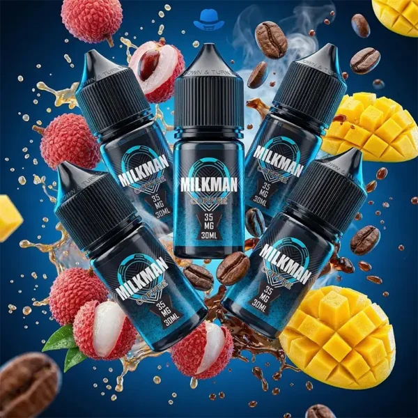 藍帽 Milkman - 美國原裝 35mg 純淨風味系列 美國藍帽 Milkman 煙油主圖,展示 30ml 35mg 咖啡、荔枝與芒果等多種口味,瓶身環繞著新鮮水果與咖啡豆。專為小煙設備設計的日常口糧