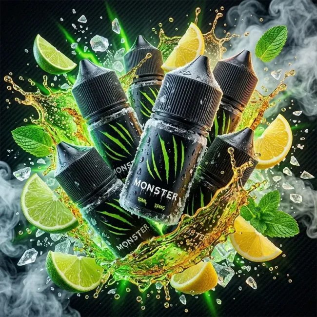 MONSTER 魔爪煙油 - 35mg 能量解癮 (買五送一) MONSTER 魔爪能量飲料同款煙油 30ml 尼古丁鹽主圖,展示 35mg 高濃度系列。畫面包含經典爪痕標誌瓶身、新鮮柑橘片、薄荷葉、冰鎮碎冰與飛濺液體視覺,強調「3秒速效提神」感官衝擊與 FDA 認證美國進口原料。適合小煙設備,口感順滑不鎖喉。內含尼古丁