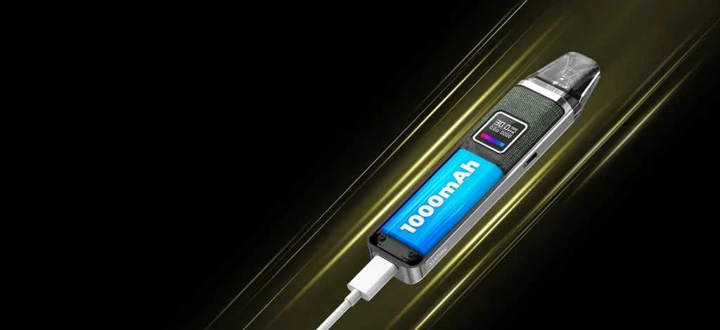 OXVA XLIM PRO 小蠻牛 1000mAh 內置大容量電池透視圖,展示 Type-C 快充功能,支援 30W 長效續航