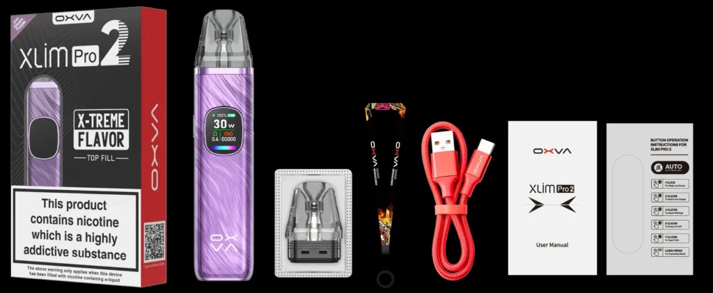 OXVA XLIM PRO 2 小蠻牛二代原廠完整包裝清單,包含 30W 主機、頂部注油替換煙彈、專屬品牌掛繩、紅色 Type-C 快充線與按鍵操作手冊