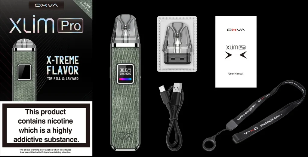 OXVA XLIM PRO 小蠻牛原廠完整包裝清單,包含 30W 主機、頂部注油替換煙彈、Type-C 充電線、專屬品牌掛繩與使用手冊
