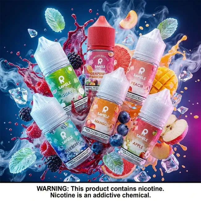 美國 SAMELE 冰釀煙油買五送一主圖，展示 30ml 尼古丁鹽多口味系列，包含芒果、藍莓、水蜜桃、番石榴等。瓶身環繞飛濺果汁、冰塊與薄荷葉，定義美式極致冰感。內含尼古丁