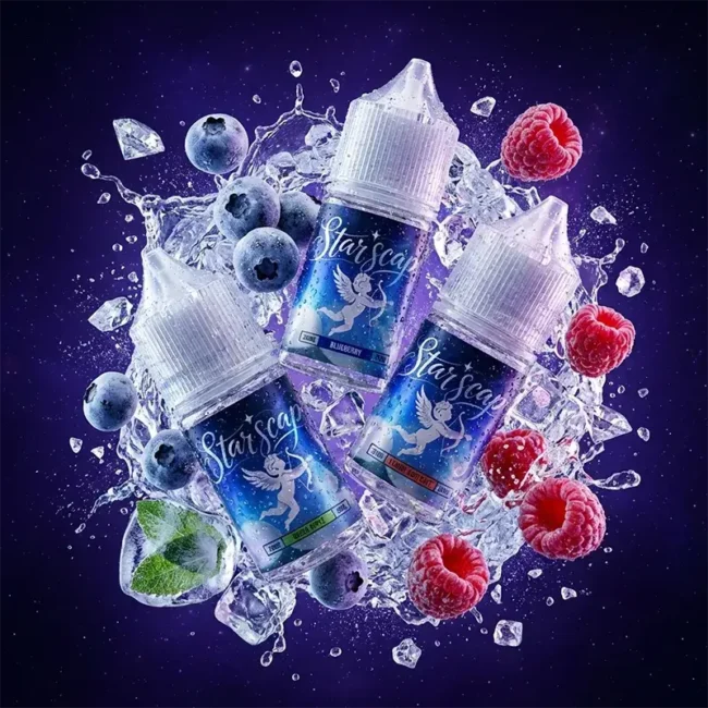 星空鹽 STAR SCAPE 38mg 尼古丁鹽煙油，藍莓與覆盆子混合口味，周圍環繞著勁涼冰塊、水花與新鮮果實。專為小煙主機設計的 30ml 包裝。