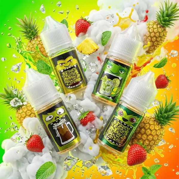 TAMI 塔米大嘴怪煙油 - 馬來西亞 35mg 冰爽水果丁鹽 30ml 馬來西亞進口 TAMI 塔米大嘴怪系列 30ml 尼古丁鹽煙油主圖。畫面展示四款帶有綠色搞怪大嘴怪表情的煙油瓶,周圍環繞著新鮮鳳梨、草莓、薄荷葉、飛濺的熱帶果汁與晶瑩冰塊,並伴隨綿密白霧。強調其 35mg 順滑丁鹽配方與極致冰爽的水果風味。現正推出買五送一優惠,小煙替煙首選。