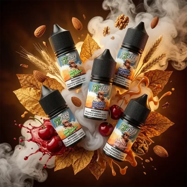 TS1989 煙油系列主圖，展示 35mg 尼古丁鹽 30ml 便攜裝。視覺包含日式烘烤菸草葉、麥穗、堅果與新鮮櫻桃，強調醇厚草本菸草與經典櫻桃果香風味。內含尼古丁警告標示