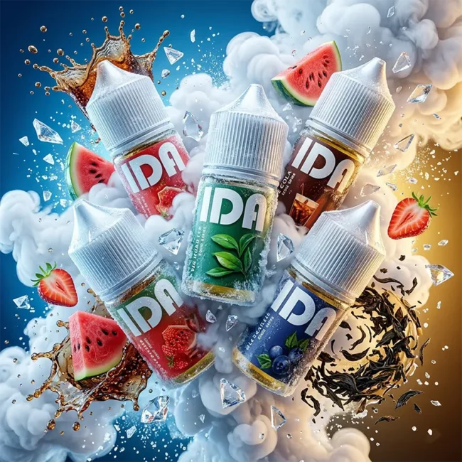 美國拖船 Tugboat IDA 煙油 - 專業級進口水果與茶飲風味 美國進口 Tugboat 拖船 IDA 專業級煙油主圖。畫面展示五款帶有巨大 IDA 標籤的煙油瓶,被飛濺的可樂液體、新鮮西瓜、草莓、藍莓、東方鐵觀音茶葉與晶瑩冰塊緊緊環繞。濃郁白霧穿插其中,完美呈現其冰可樂、草莓西瓜、藍莓寶珠與獨特鐵觀音等頂級調香風味,強調美國原裝的高品質與豐富層次。