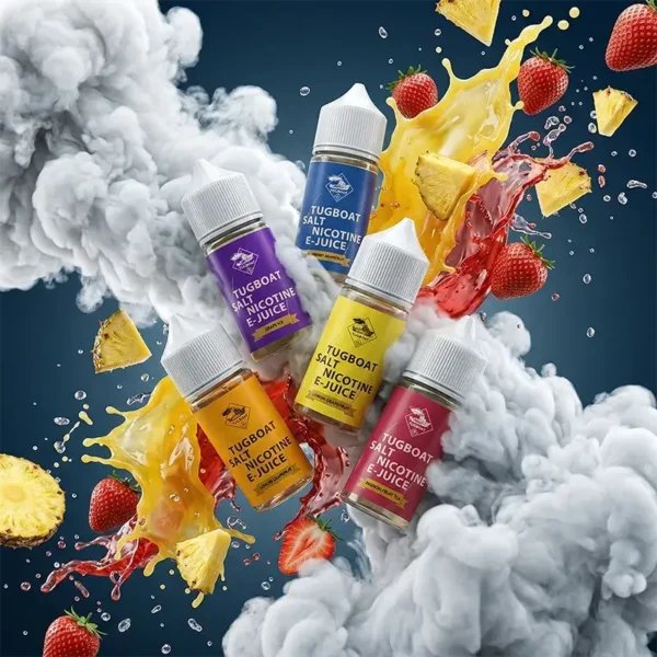 美國 TUGBOAT 拖船電子菸油主圖，展示 30ml 50mg 尼古丁鹽系列。畫面包含多種水果口味瓶身、冰塊與新鮮水果視覺，強調 50mg 高濃度解癮滿足感與酸甜平衡。現正推出買 5 送 1 超值優惠。內含尼古丁。