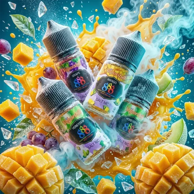 Vaporshill 888 煙油 - 30ml 馬來西亞原裝芒果冰沙風味 馬來西亞原裝 Vaporshill 888 芒果冰沙口味 30ml 煙油瓶身主圖。畫面包含飛濺的新鮮芒果果肉、冰晶、雪花與白色濃郁煙霧,環繞熱帶植物葉片無視覺,強調彷彿置身熱帶果園的天然甜味與沁涼冰沙口感。專為小煙設備打造,不含焦油,安全健康。