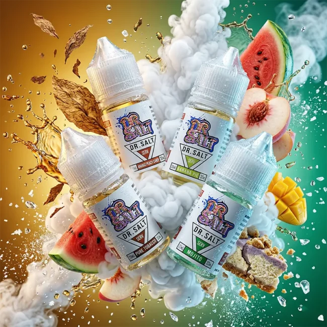 Dr.SALT 鹽博士一代尼古丁鹽小煙煙油全系列合集，展示 30ml 容量的純煙草、水蜜桃、莫吉托等多款經典口味，伴隨濃郁煙霧與新鮮水果飛濺的視覺特效