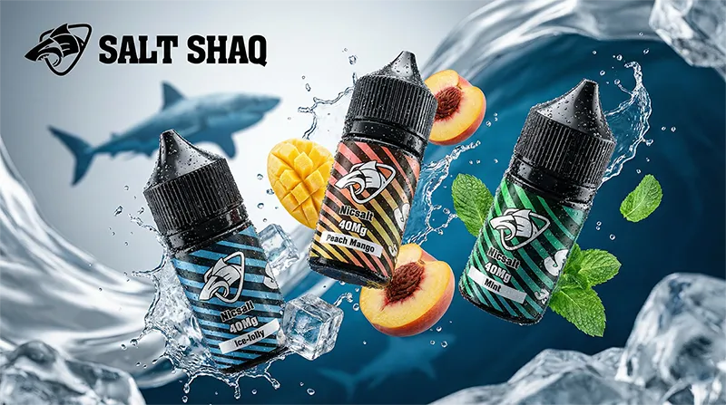 台灣電子煙 Salt Shaq 鯊克系列 Nicsalt 丁鹽煙油分類形象圖。展示冰棍、桃子芒果、薄荷三種熱銷口味 40mg 煙油,搭配清涼水花與鯊魚背景,強調極致口感還原度。